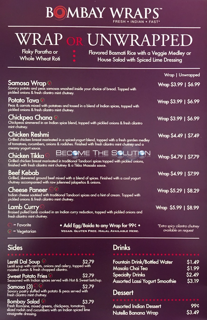 Bombay Wraps Carry Out Chicago (Scanned Menu With Prices)